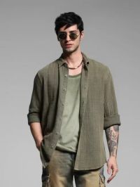 GREEN ACID WASHED COTTON SHIRT