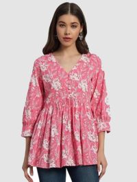 KBZ Women's Cotton Printed V-Neck Flared Top with 3/4th Sleeves (Pink_Extra Large)