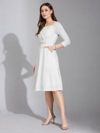 Women's Off White Solid Polyester Fit And Flare Knee-Length Dress