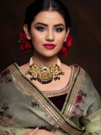 Purple Meenakari With Pearls Floral Motif Kundan Choker Necklace