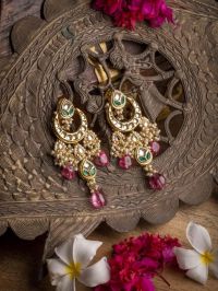 Green & Pink Stone Kundan Chandbali Earrings